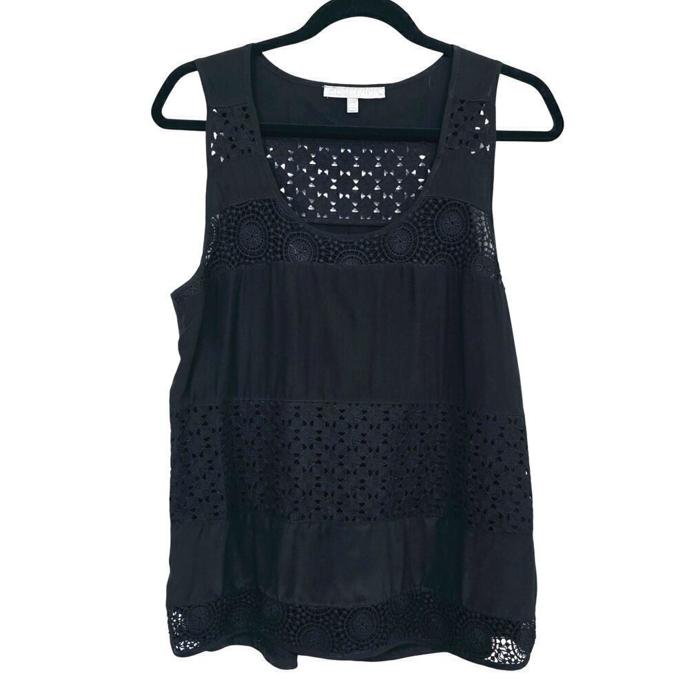 Daniel Rainn Black 100%Silk Sleeveless Blouse Size M Embroidered Lined Boho Chic
